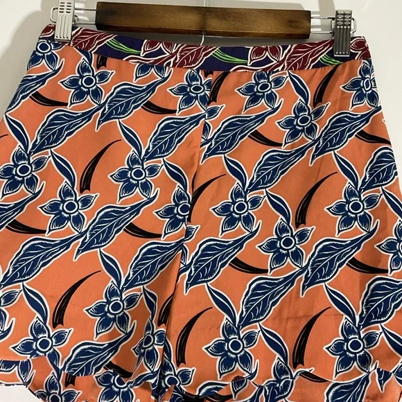 Topshop Floaty Short Orange w/Blue Floral Design Side Zipper Scalloped Hem Sz 4 - Picture 5 of 14